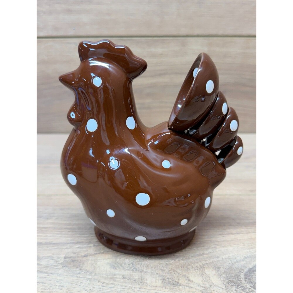 Temp-tations Brown White Polka Dots Rooster Measuring Spoons Holder & 4 Spoons